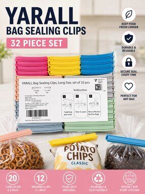 YARALL 32 Pc Bag Sealing Clips Set Food Storage Snack Chip Bag Clips NEW